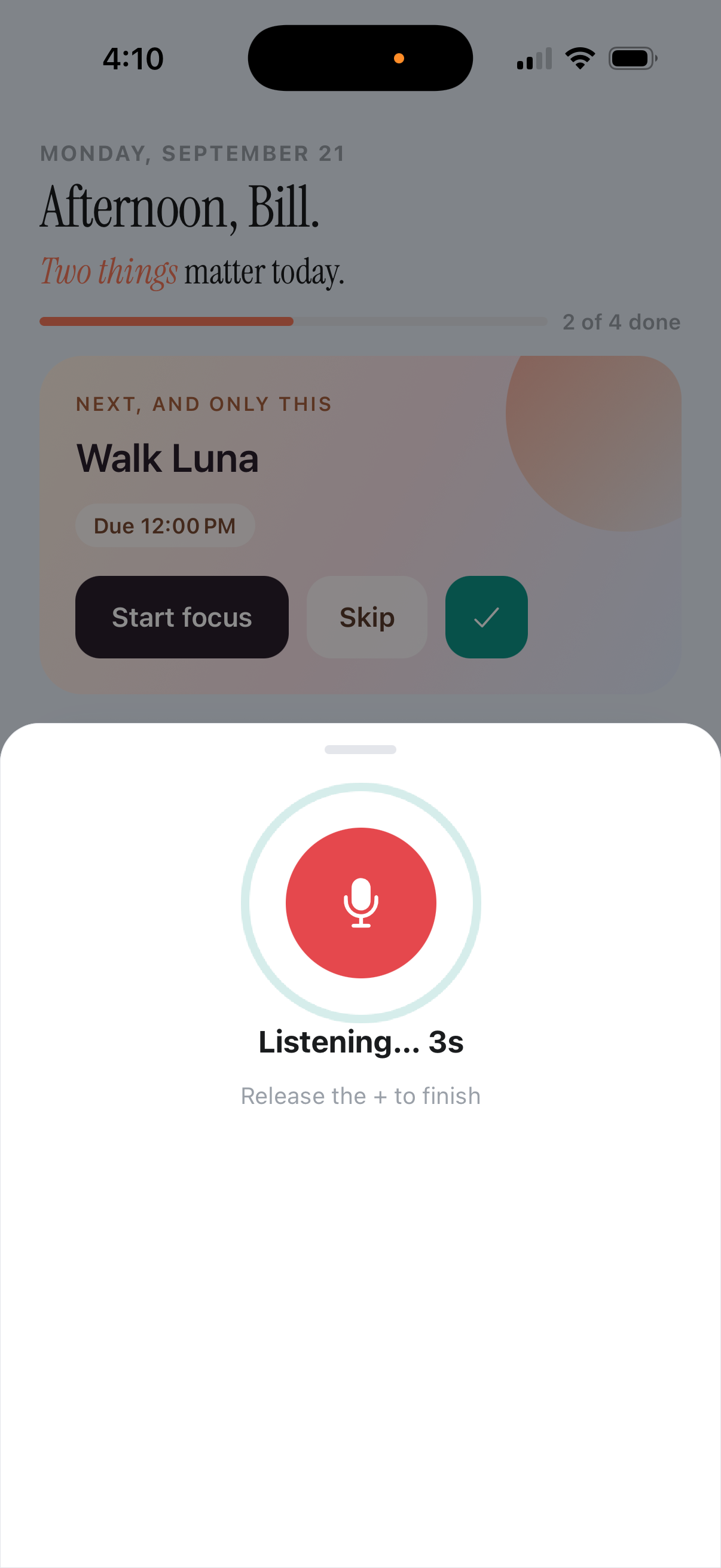 Voice capture sheet, listening and ready to parse into a task