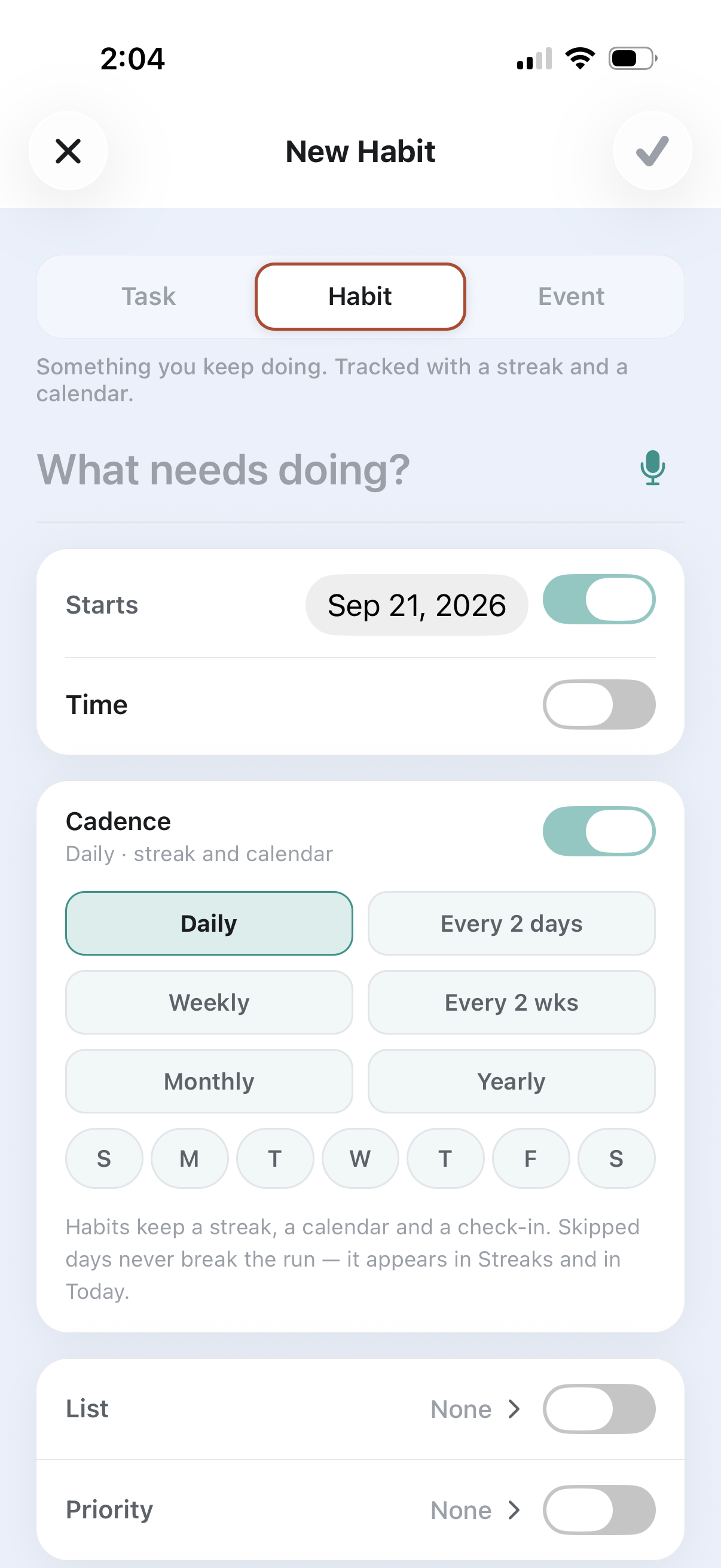 Editor with task, habit and event types