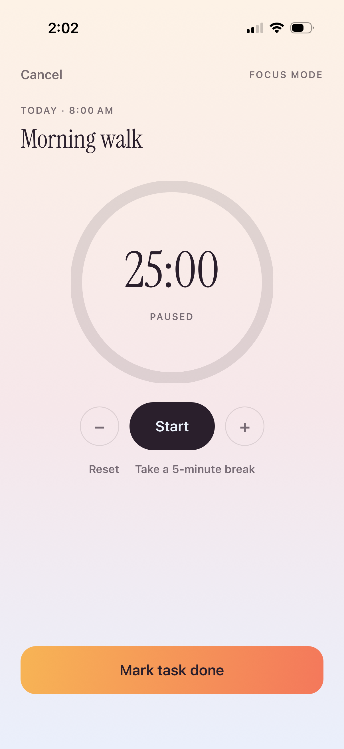 Focus mode: timer, subtasks and notes