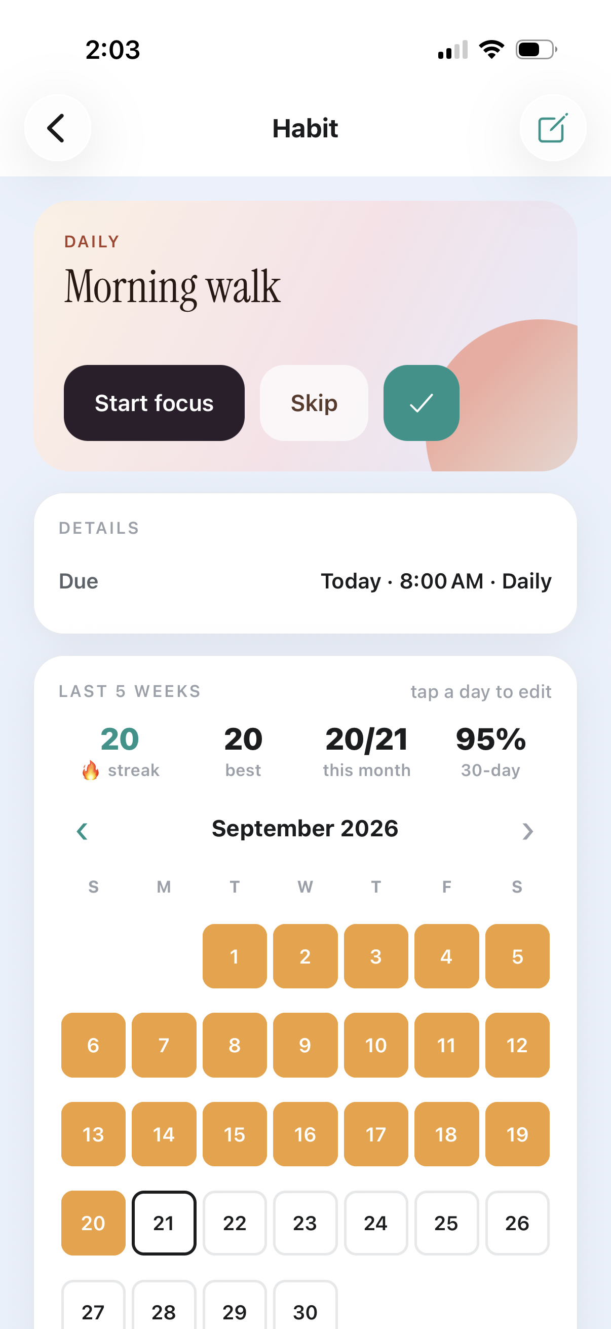 Habit detail with editable calendar