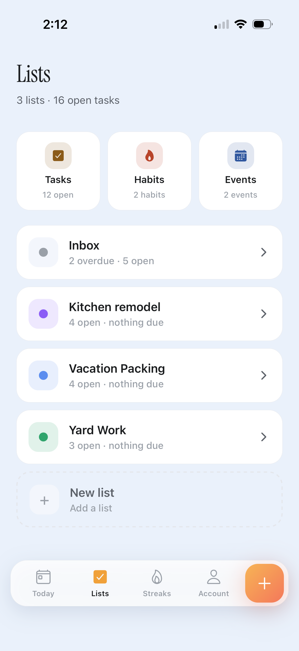 Lists screen